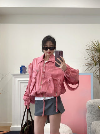 BLUMARINE DENIM BOMBER JACKET BUBBLEGUM