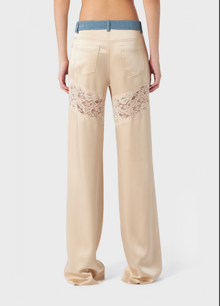 BLUMARINE SATIN PANTS WITH DENIM AND LACE INSERTS