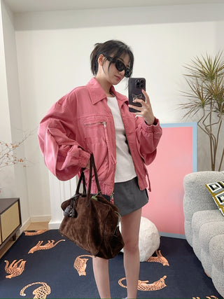 BLUMARINE DENIM BOMBER JACKET BUBBLEGUM