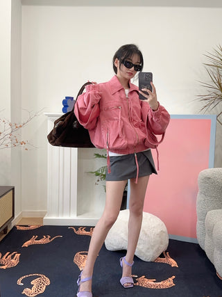 BLUMARINE DENIM BOMBER JACKET BUBBLEGUM