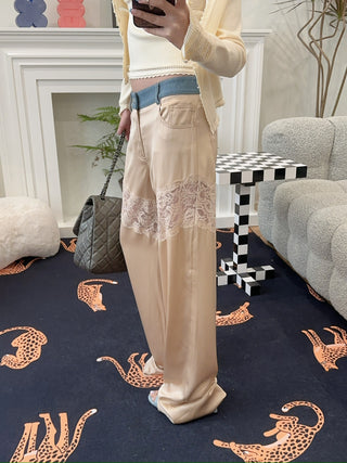 BLUMARINE SATIN PANTS WITH DENIM AND LACE INSERTS